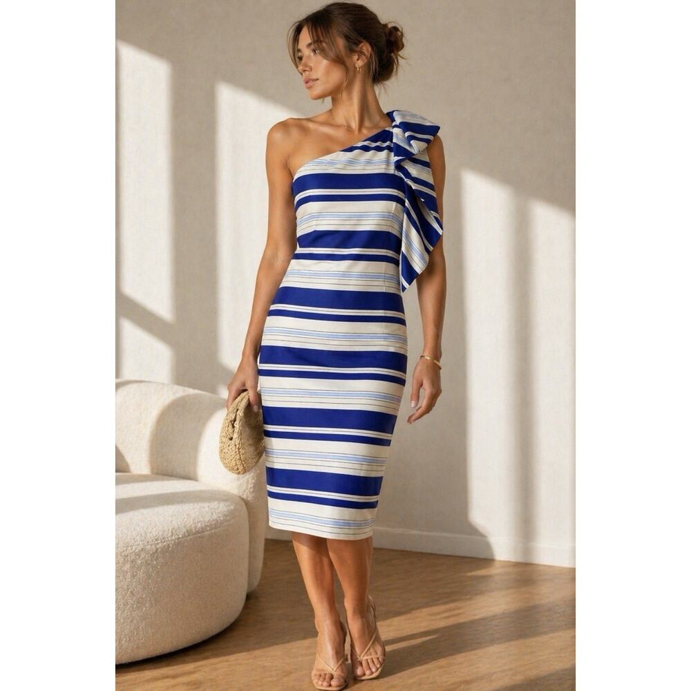 NWT Banana Republic Blue and White Striped One-Shoulder Dress 8P